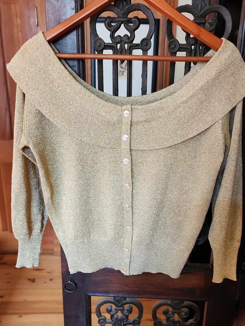 Metallic Gold Off-Shoulder Reversible Button-Back Or Front Cardigan Sweater, S